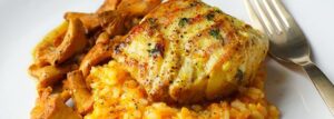 Dorsz na risotto dyniowym z kurkami