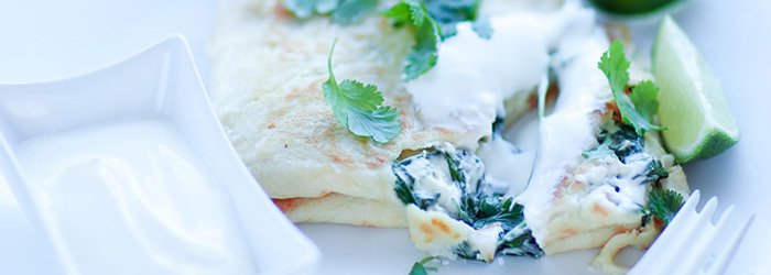Pancakes with spinach, cream cheese, and cilantro