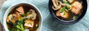 Oriental Salmon, Broccoli and Grilled Mushroom Soup