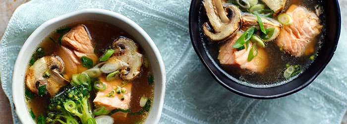 Oriental Salmon, Broccoli and Grilled Mushroom Soup