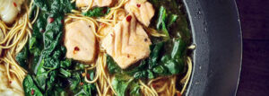 Oriental Broth with Salmon, Pasta and Spinach