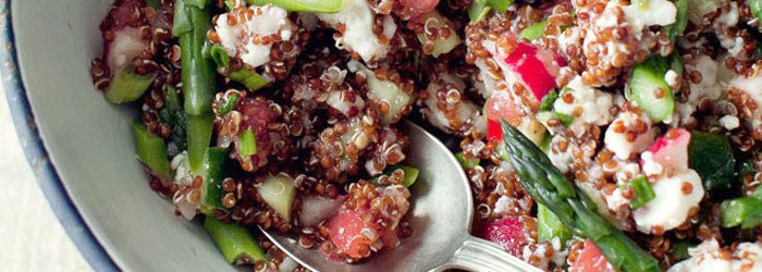 Tabbouleh-style salad with quinoa, asparagus, and radish