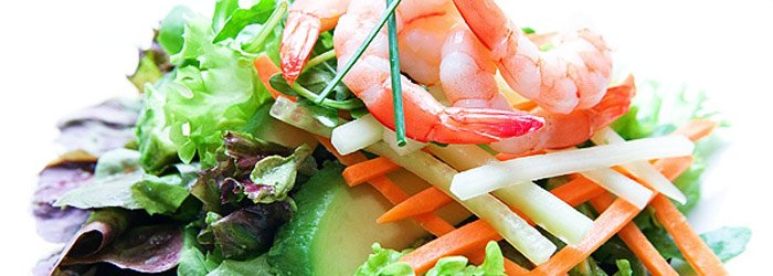 Japanese salad with shrimp, avocado, and vegetables