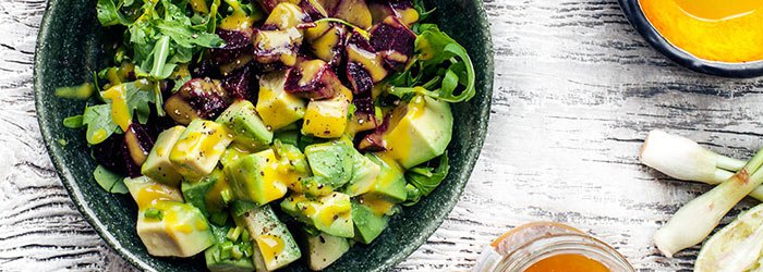 Salad with avocado and roasted beets