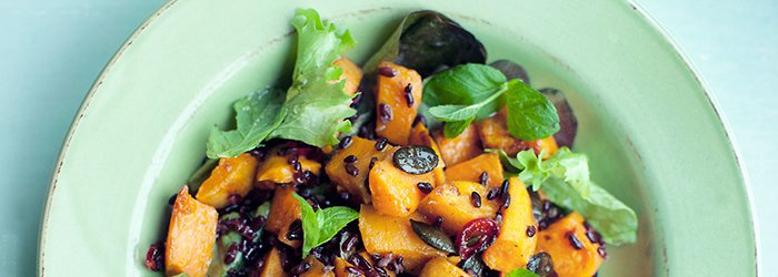 Black rice, roasted sweet potato and pumpkin seed salad