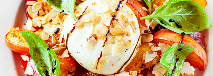 Salad with Caramelized Peaches, Tomatoes and Burrata