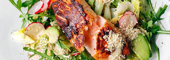 Salmon and Avocado Salad with Tahini Dressing