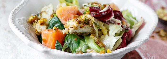 Papaya Salad with Chicken Roasted in Pistachio Crust