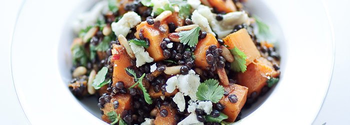 Lentil salad with steamed pumpkin and cilantro