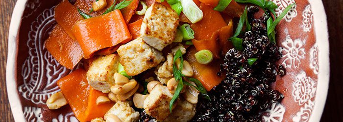 Vegan Salad with Fried Tofu, Carrot Ribbons and Quinoa