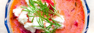 Beet greens soup with potatoes and feta