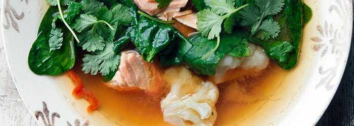 Miso Soup with Salmon, Spinach and Cauliflower
