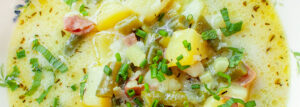 Soup with Green Beans, Leek, Potatoes and Parmesan Ham